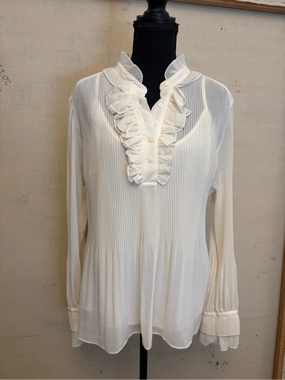 Women’s Worthington Sheer Cream Ruffled Long Sleeve Boho Blouse, Size XL - NWT